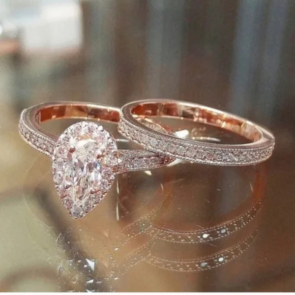 Rose Gold Vermeil Pear Cut Champagne Morganite Diamond Ring Set - Picture 6 of 6